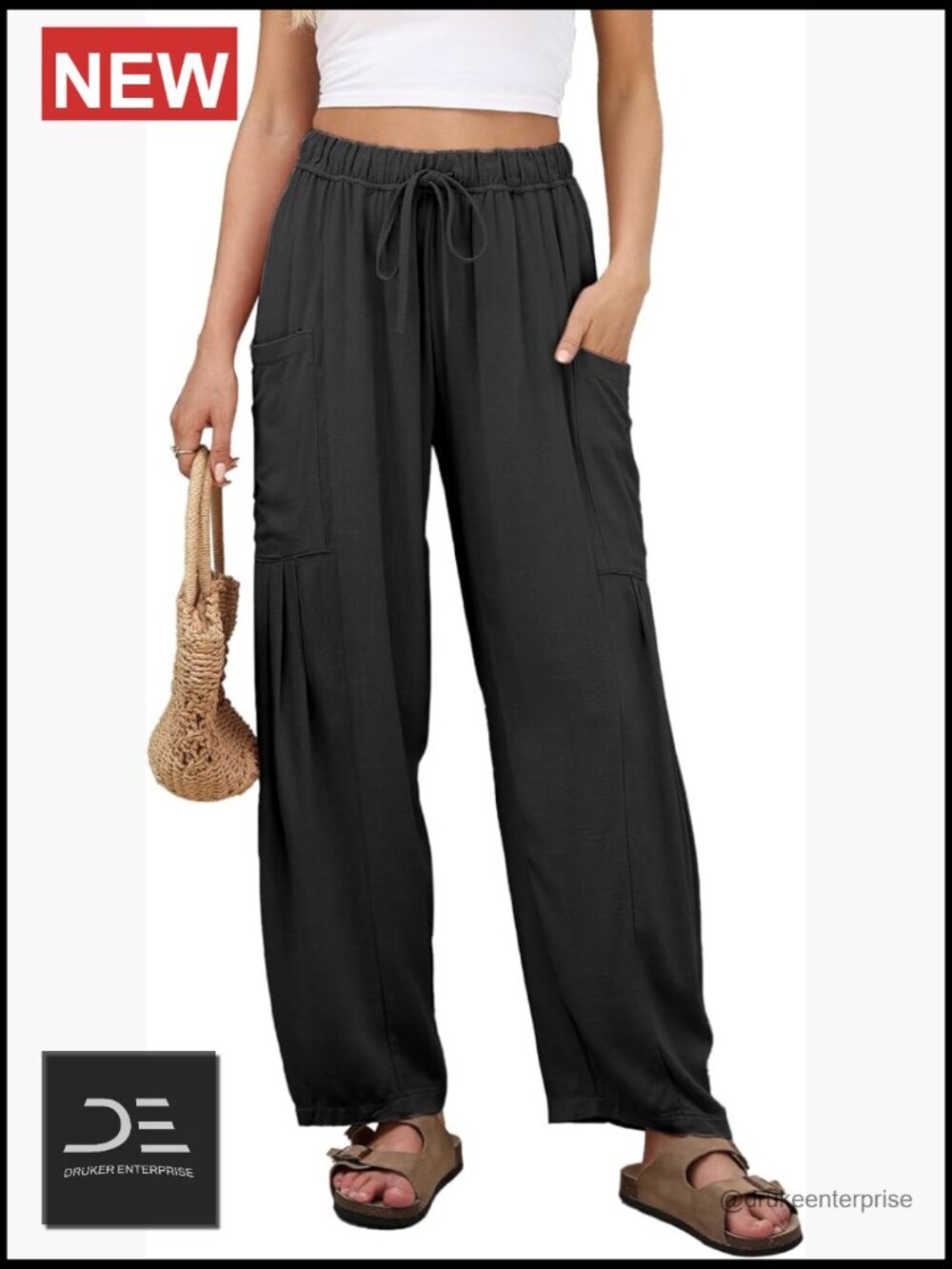 Women Linen Wide Leg Palazzo Pants Casual Summer Flowy Trousers with Pockets